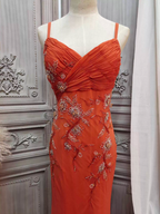 Elegant Orange Mermaid Spaghetti Strap Beaded Chiffon Long Formal Prom Dresses
