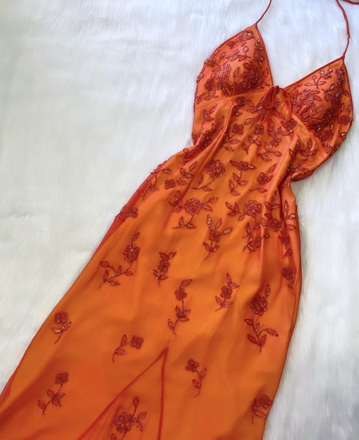 Elegant Orange Spaghetti Straps Beaded Formal Prom Dresses Party Dresses Main image