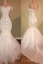 Elegant Organza Off-The-Shoulder Mermaid Wedding Dress Sequins Long Lace