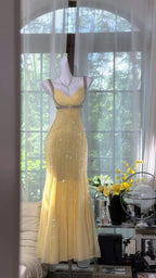 Elegant Pale Yellow Mermaid Strapless Backless Beaded Chiffon Long Formal Prom Dresses