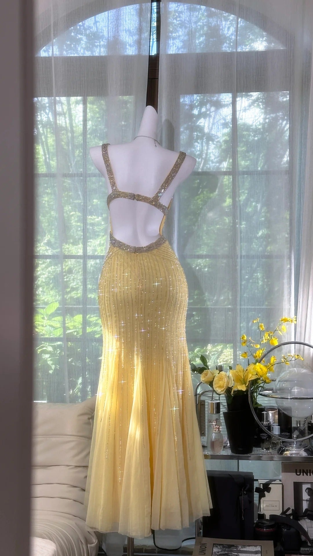 Elegant Pale Yellow Mermaid Strapless Backless Beaded Chiffon Long Formal Prom Dresses