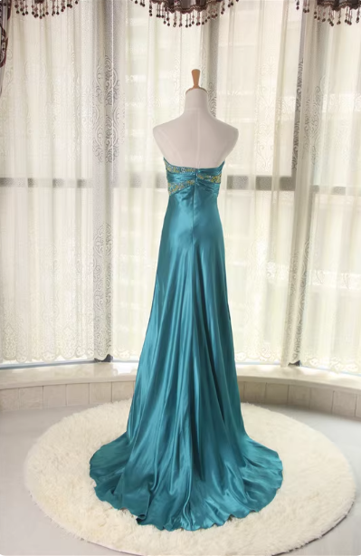Elegant Peacock Blue Sweetheart Neck Embroidered Satin High-Low Hem Formal Prom Dresses