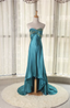 Elegant Peacock Blue Sweetheart Neck Embroidered Satin High-Low Hem Formal Prom Dresses