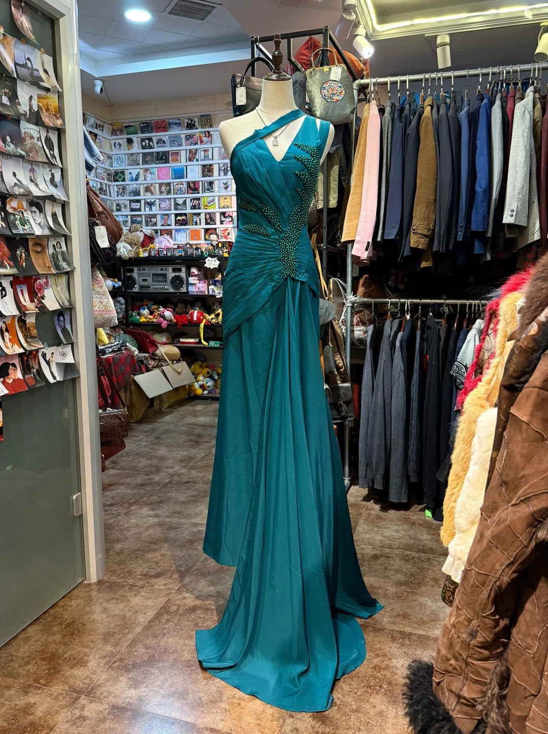 Elegant Peacock Green One-Shoulder Pearl Ribbon Satin Long Formal Prom Dresses Prom Gown Secondary image