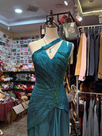 Elegant Peacock Green One-Shoulder Pearl Ribbon Satin Long Formal Prom Dresses Prom Gown
