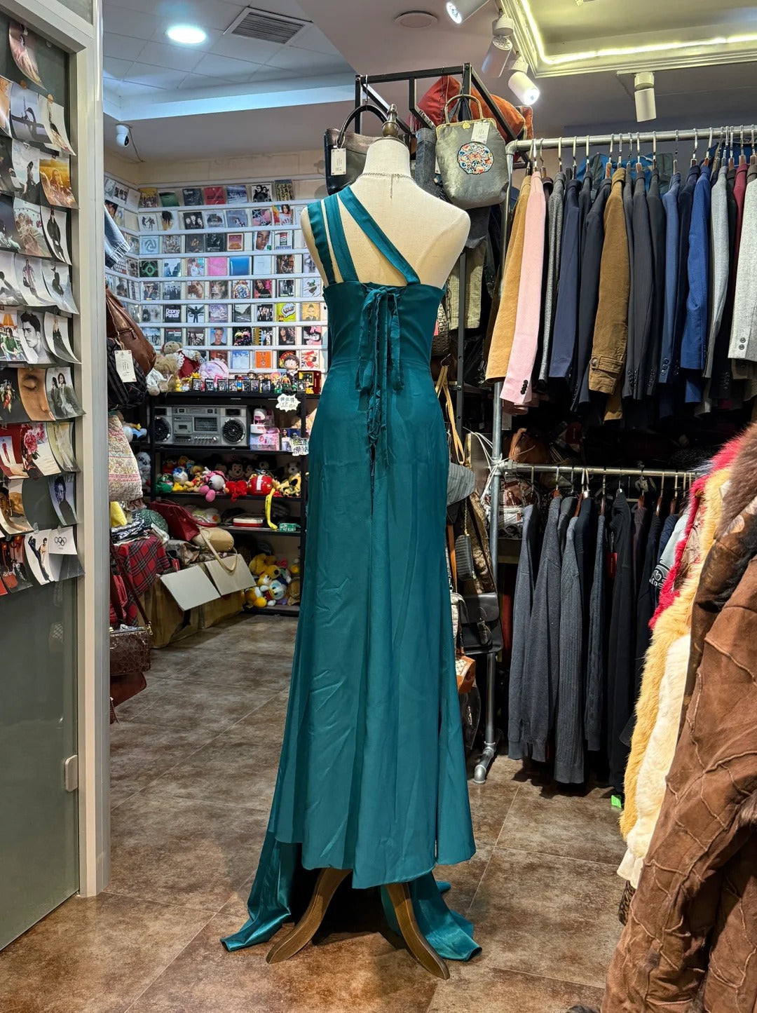 Elegant Peacock Green One-Shoulder Pearl Ribbon Satin Long Formal Prom Dresses Prom Gown
