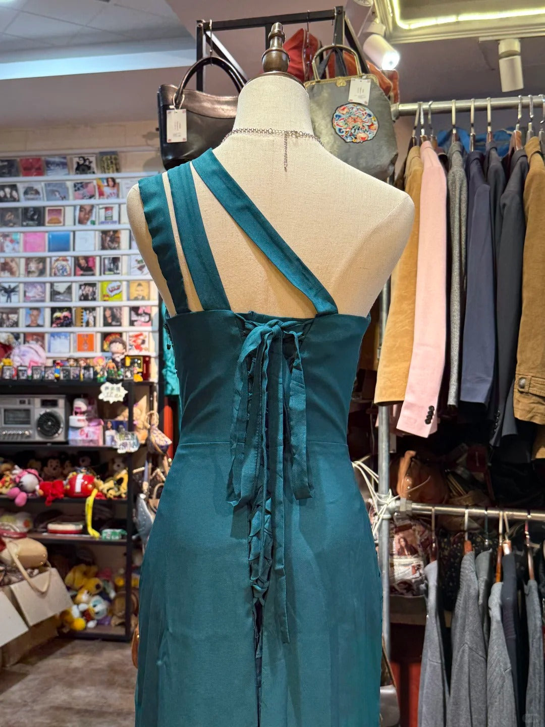 Elegant Peacock Green One-Shoulder Pearl Ribbon Satin Long Formal Prom Dresses Prom Gown