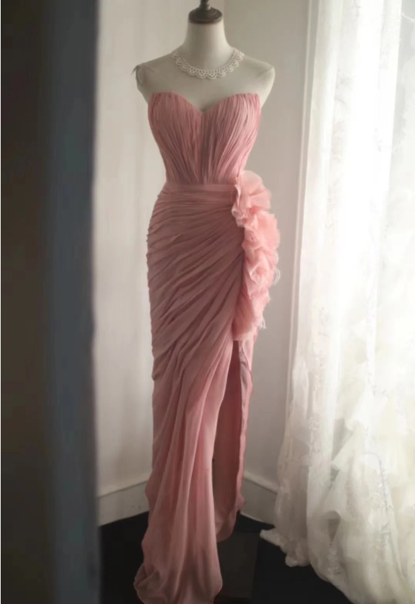 Elegant Pink 3D Floral Strapless High-Slit Chiffon Formal Prom Dresses