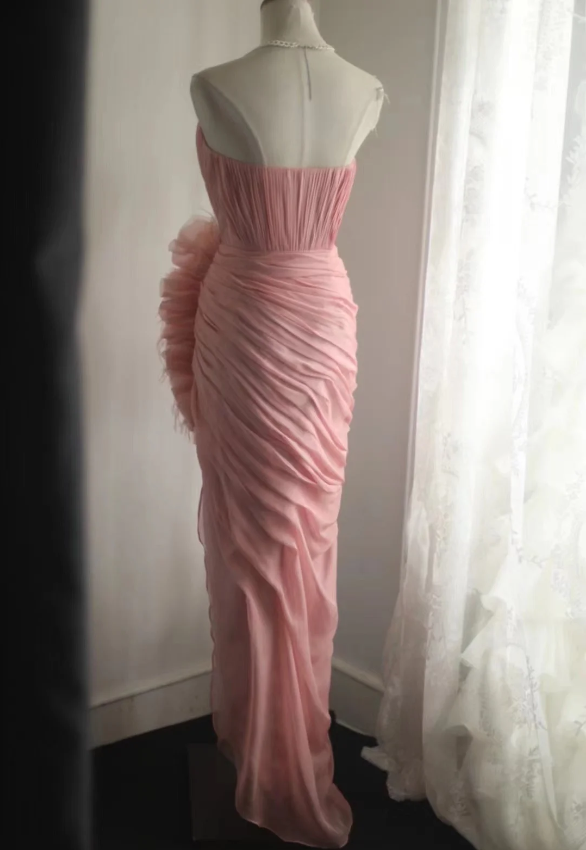 Elegant Pink 3D Floral Strapless High-Slit Chiffon Formal Prom Dresses
