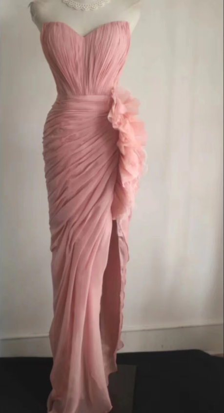 Elegant Pink 3D Floral Strapless High-Slit Chiffon Formal Prom Dresses