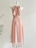 Elegant Pink A-Line Halter Neck Waist Tulle Long Formal Prom Dresses Bridesmaid Dresses