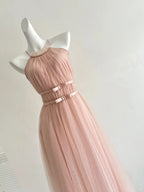 Elegant Pink A-Line Halter Neck Waist Tulle Long Formal Prom Dresses Bridesmaid Dresses