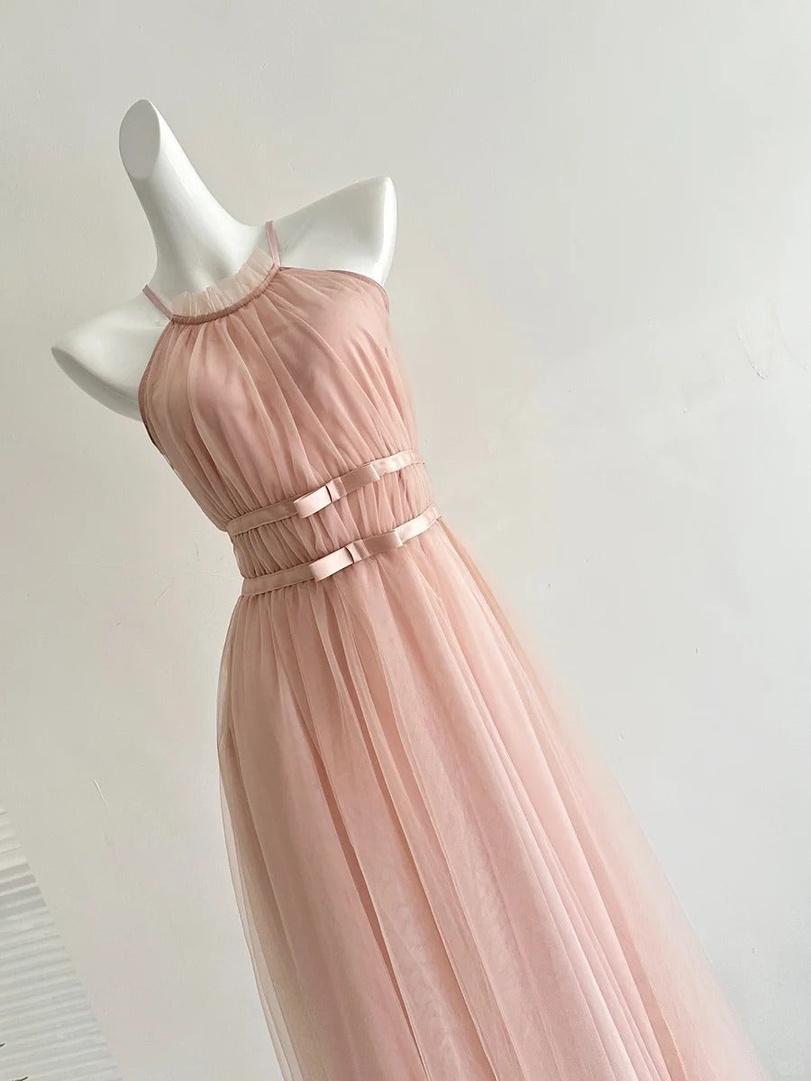 Elegant Pink A-Line Halter Neck Waist Tulle Long Formal Prom Dresses Bridesmaid Dresses