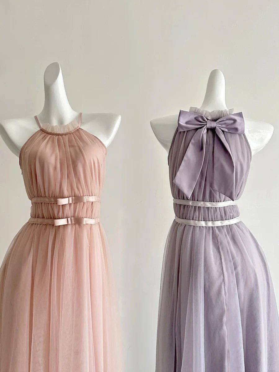 Elegant Pink A-Line Halter Neck Waist Tulle Long Formal Prom Dresses Bridesmaid Dresses