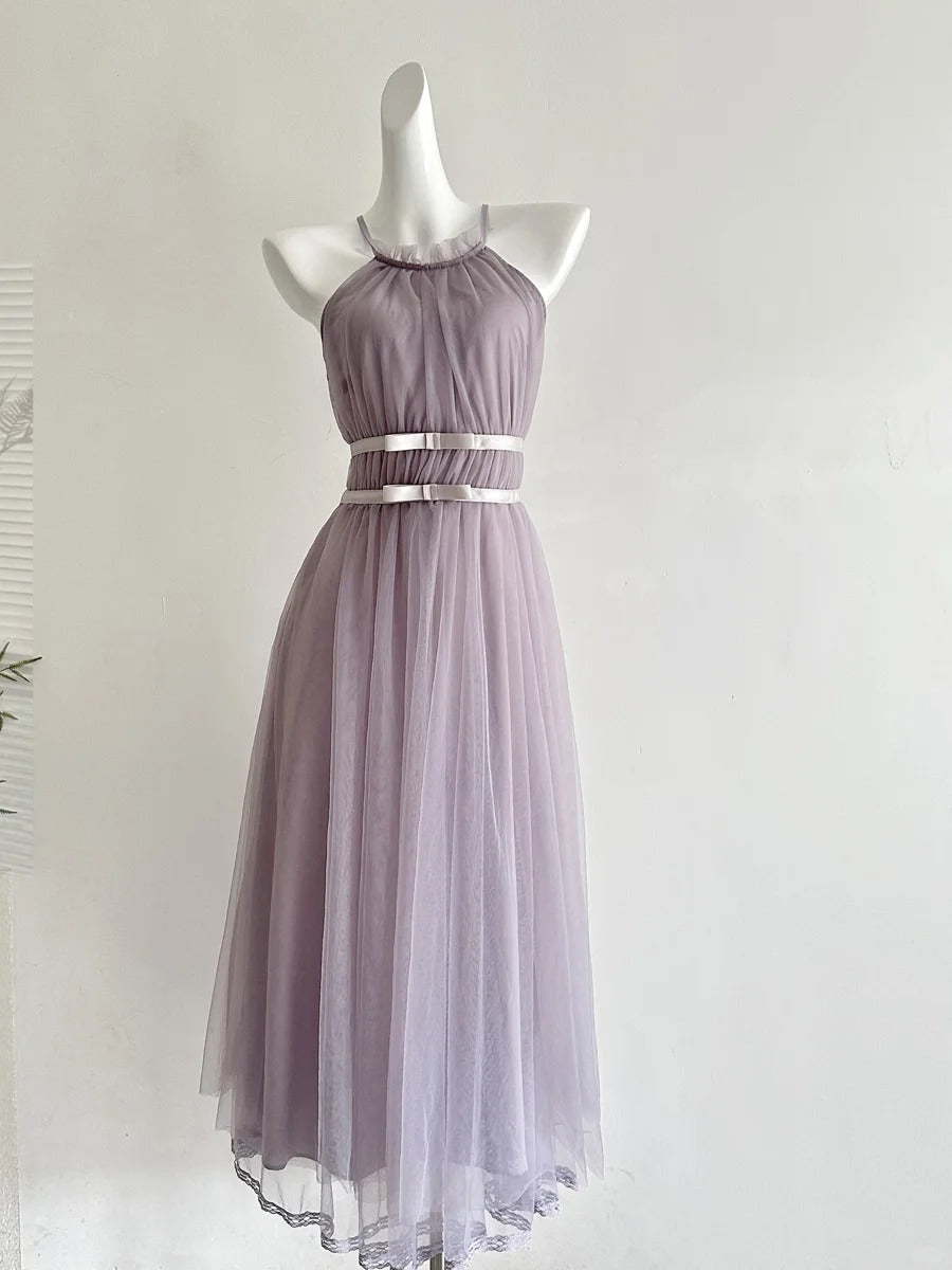 Elegant Pink A-Line Halter Neck Waist Tulle Long Formal Prom Dresses Bridesmaid Dresses
