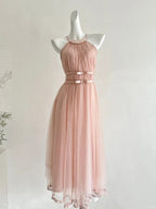 Elegant Pink A-Line Halter Neck Waist Tulle Long Formal Prom Dresses Bridesmaid Dresses