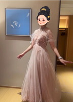 Elegant Pink A-Line Halter Tulle Long Formal Prom Dresses