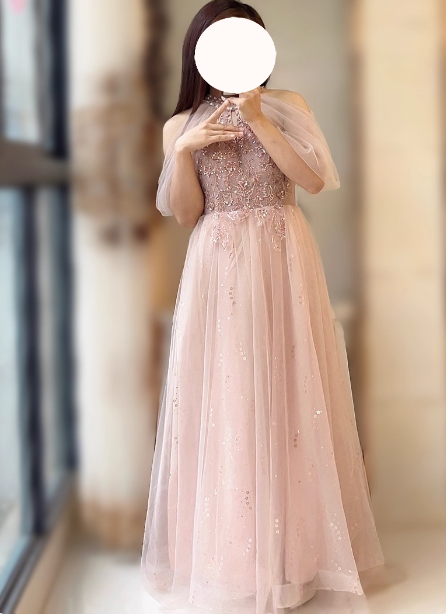 Elegant Pink A-Line Halter Tulle Long Formal Prom Dresses