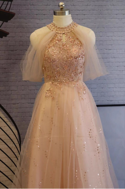 Elegant Pink A-Line Halter Tulle Long Formal Prom Dresses