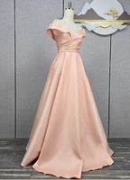 Elegant Pink A-Line Off-The-Shoulder Satin Long Formal Prom Dresses Bridesmaid Dresses