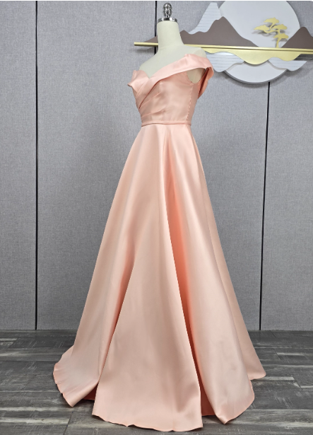 Elegant Pink A-Line Off-The-Shoulder Satin Long Formal Prom Dresses Bridesmaid Dresses