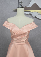 Elegant Pink A-Line Off-The-Shoulder Satin Long Formal Prom Dresses Bridesmaid Dresses