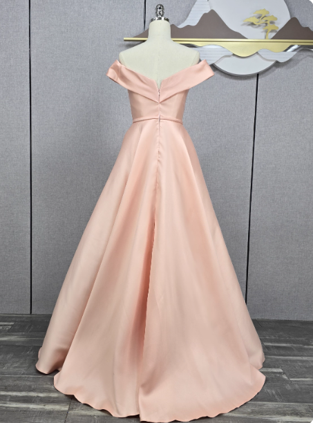 Elegant Pink A-Line Off-The-Shoulder Satin Long Formal Prom Dresses Bridesmaid Dresses