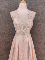 Elegant Pink A-Line Sleeveless Crew Neck Lace Rhinestone Brocade Satin Long Formal Prom Dresses