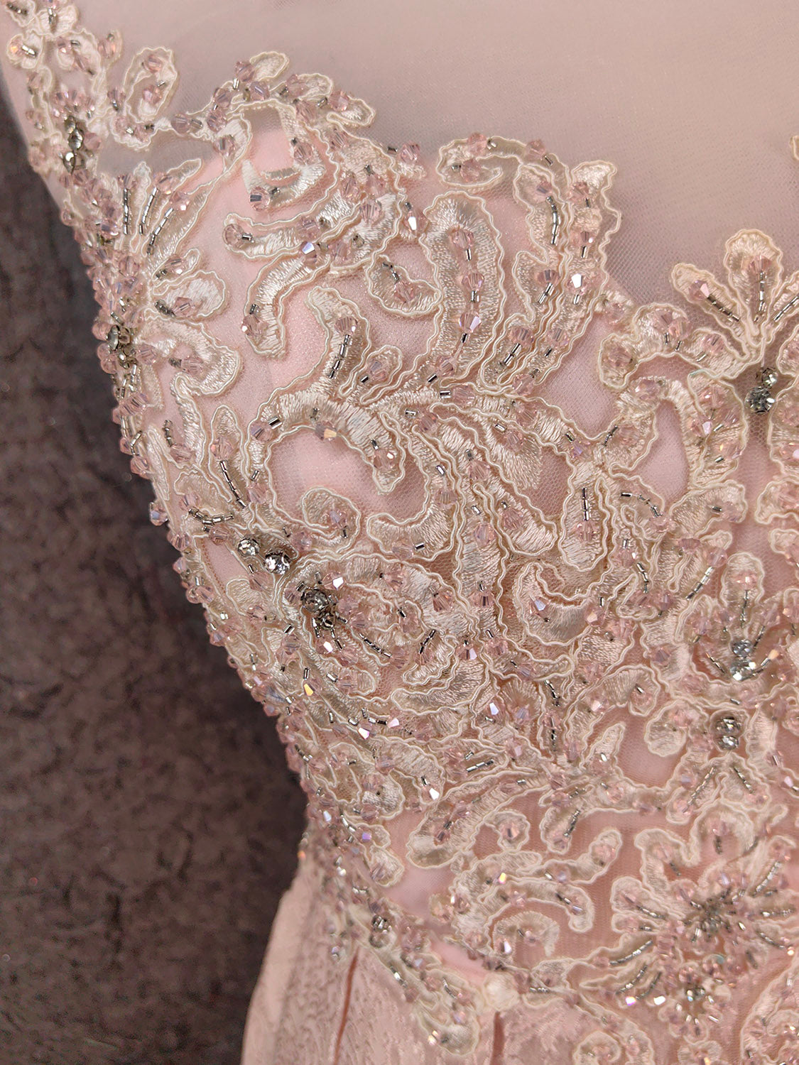 Elegant Pink A-Line Sleeveless Crew Neck Lace Rhinestone Brocade Satin Long Formal Prom Dresses
