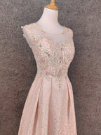 Elegant Pink A-Line Sleeveless Crew Neck Lace Rhinestone Brocade Satin Long Formal Prom Dresses
