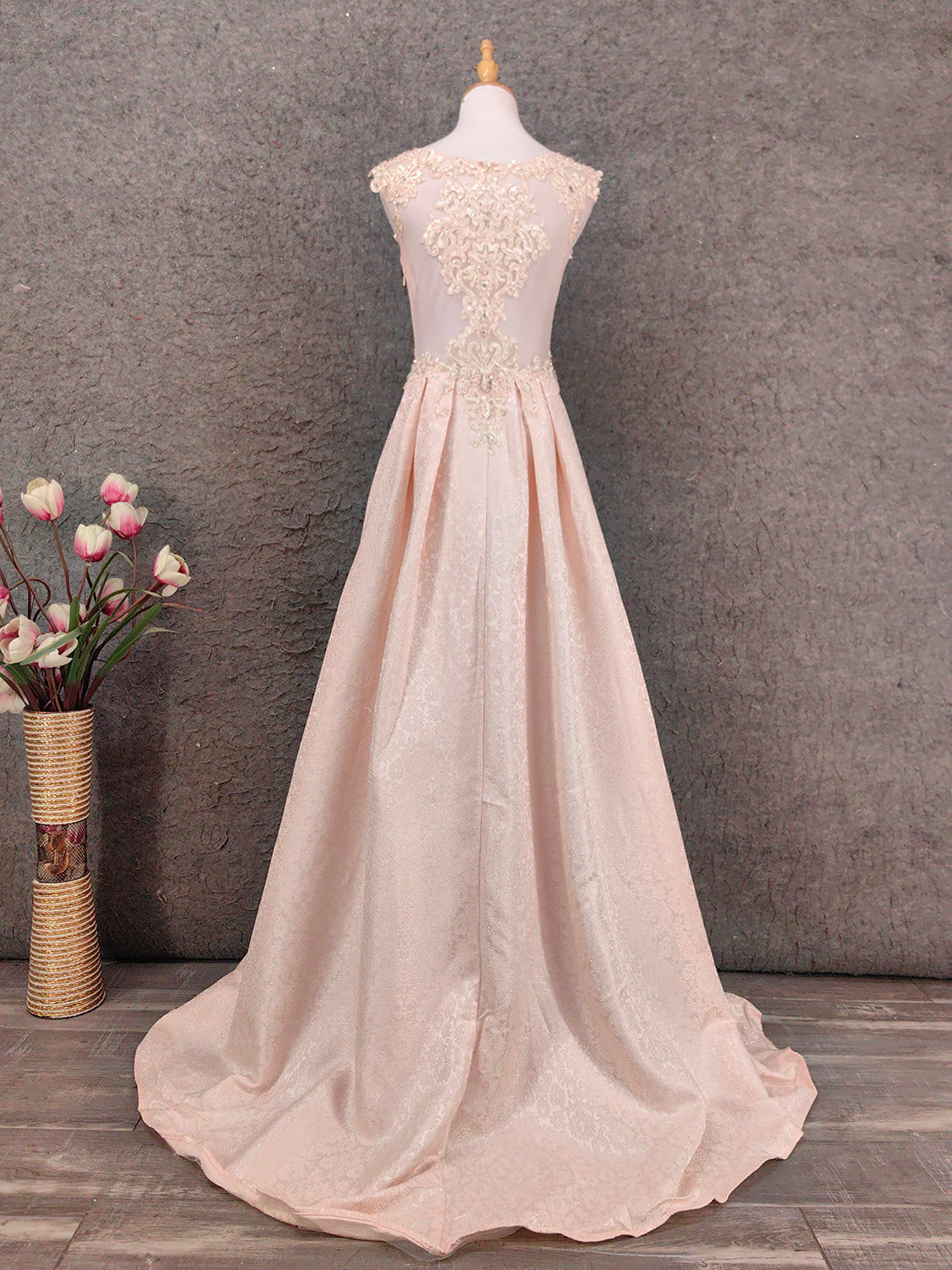 Elegant Pink A-Line Sleeveless Crew Neck Lace Rhinestone Brocade Satin Long Formal Prom Dresses