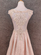 Elegant Pink A-Line Sleeveless Crew Neck Lace Rhinestone Brocade Satin Long Formal Prom Dresses