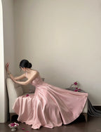Elegant Pink A-Line Square Neck Strap Satin Long Formal Prom Dresses