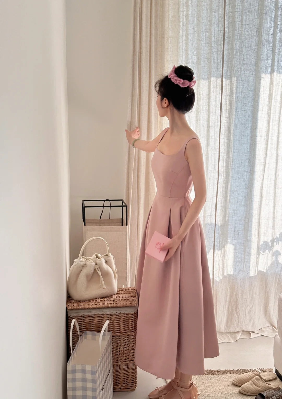 Elegant Pink A-Line Square Neck Strap Satin Long Formal Prom Dresses