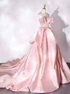 Elegant Pink A Line Strapless Appliques Satin Evening Dresses Formal Prom Dresses