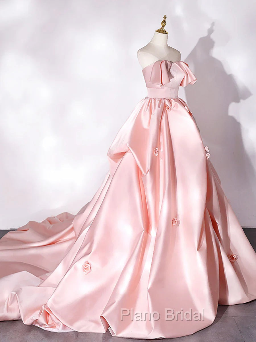 Elegant Pink A Line Strapless Appliques Satin Evening Dresses Formal Prom Dresses