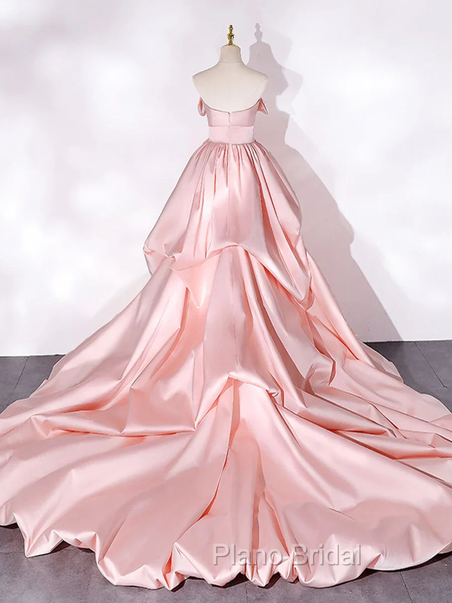 Elegant Pink A Line Strapless Appliques Satin Evening Dresses Formal Prom Dresses