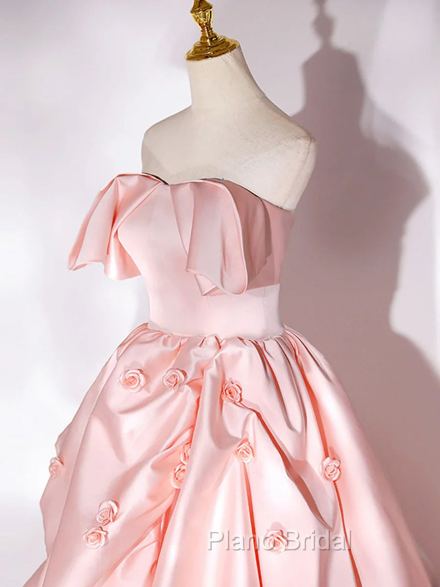 Elegant Pink A Line Strapless Appliques Satin Evening Dresses Formal Prom Dresses
