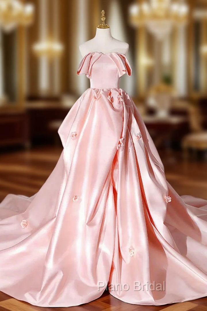 Elegant Pink A Line Strapless Appliques Satin Evening Dresses Formal Prom Dresses Main image