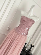Elegant Pink A-Line Tube Top Sequined Tulle Long Formal Prom Dresses Bridesmaid Dresses