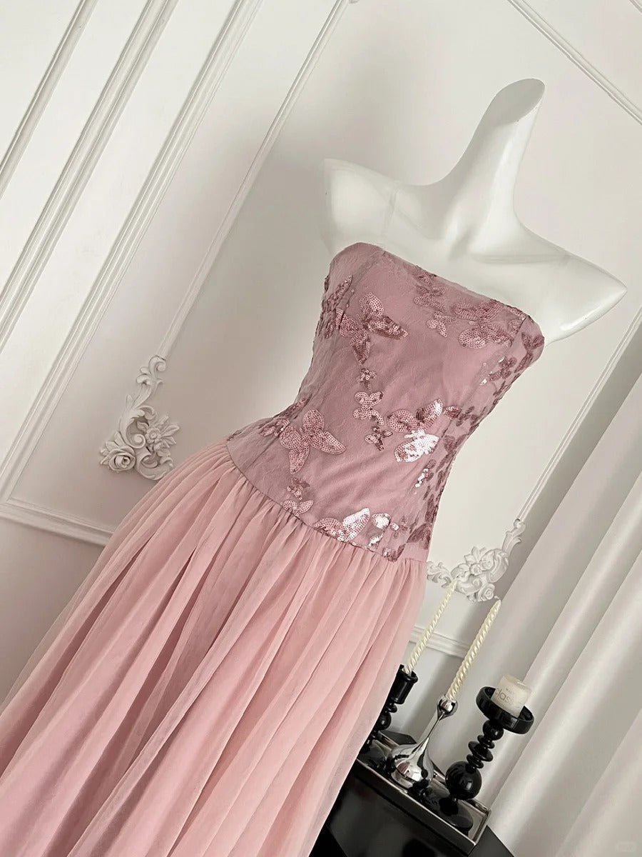 Elegant Pink A-Line Tube Top Sequined Tulle Long Formal Prom Dresses Bridesmaid Dresses