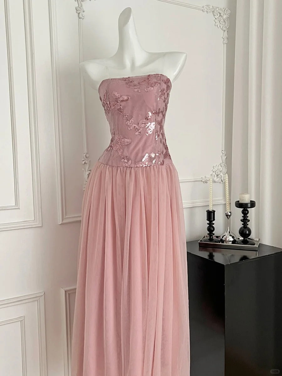 Elegant Pink A-Line Tube Top Sequined Tulle Long Formal Prom Dresses Bridesmaid Dresses Main image