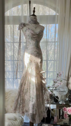 Elegant Pink Chiffon Lotus Beaded Mermaid Long Prom Dress