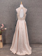 Elegant Pink Halter Neck V-Neck Rhinestone Lace Satin Long Formal Prom Dresses