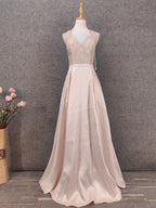 Elegant Pink Halter Neck V-Neck Rhinestone Lace Satin Long Formal Prom Dresses