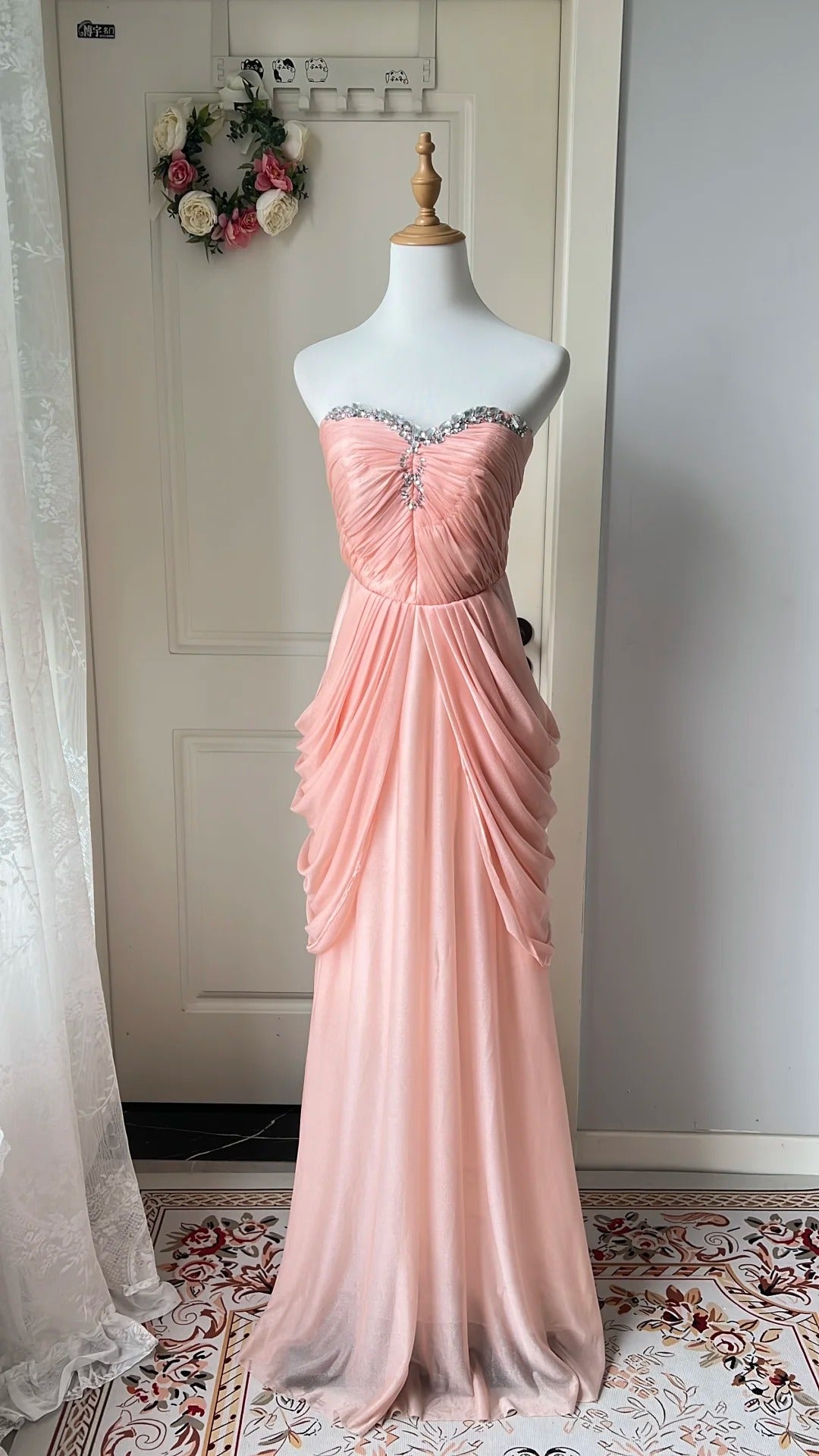 Elegant Pink Heart Neckline Rhinestone Chiffon Long Formal Prom Dresses Secondary image