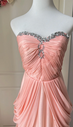 Elegant Pink Heart Neckline Rhinestone Chiffon Long Formal Prom Dresses