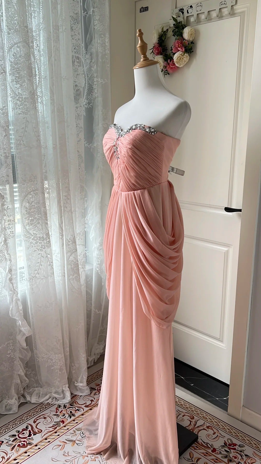 Elegant Pink Heart Neckline Rhinestone Chiffon Long Formal Prom Dresses