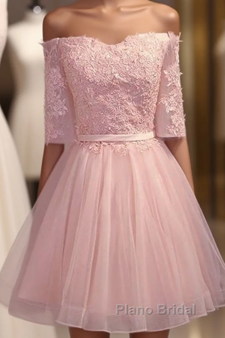 Elegant Pink Lace Appliques Off The Shoulder Tulle Bridesmaid Dresses Short