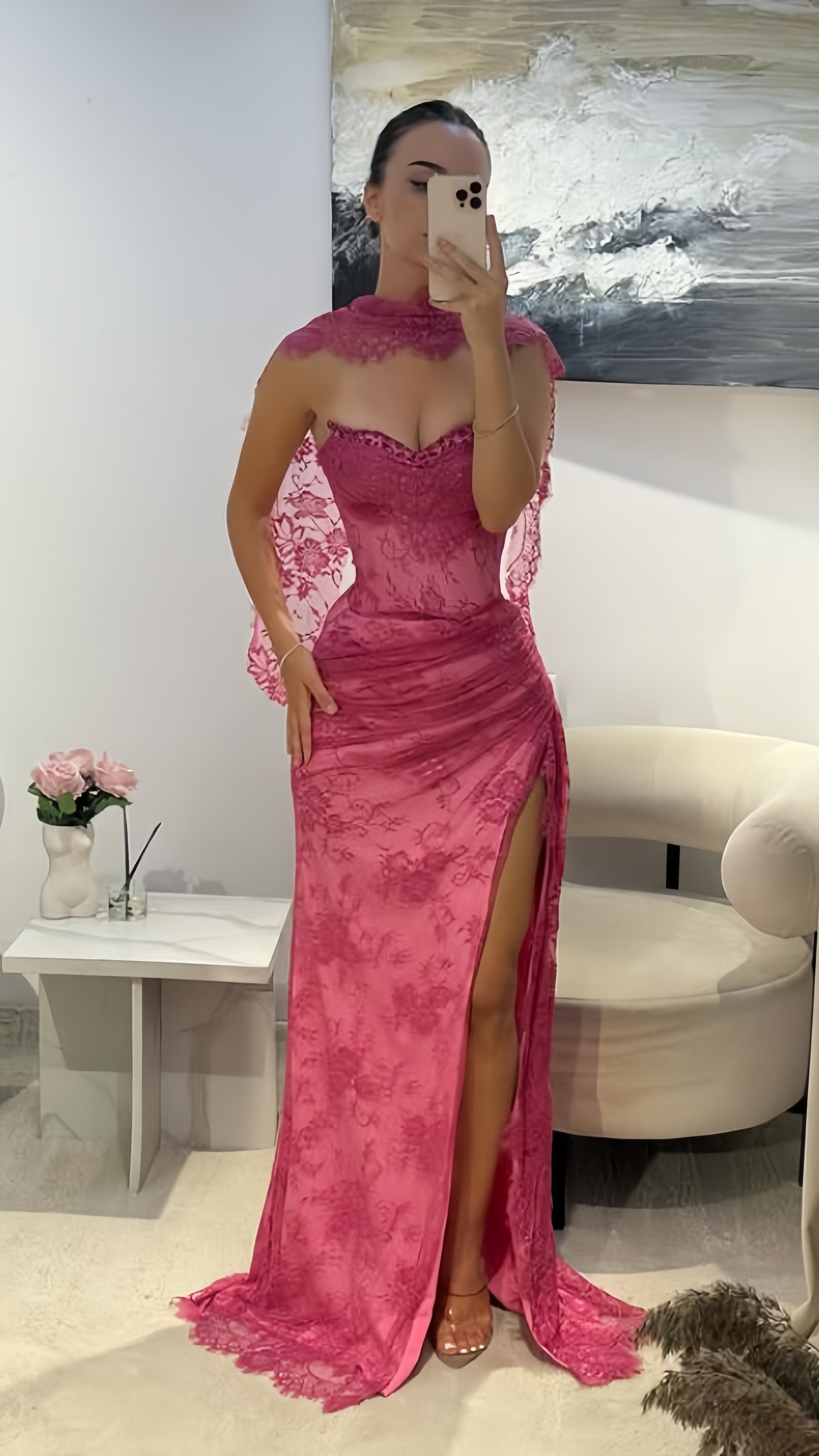 Elegant Pink Lace Mermaid Formal Prom Dresses Long Formal Evening Party Dresses With Slit, Secondary image
